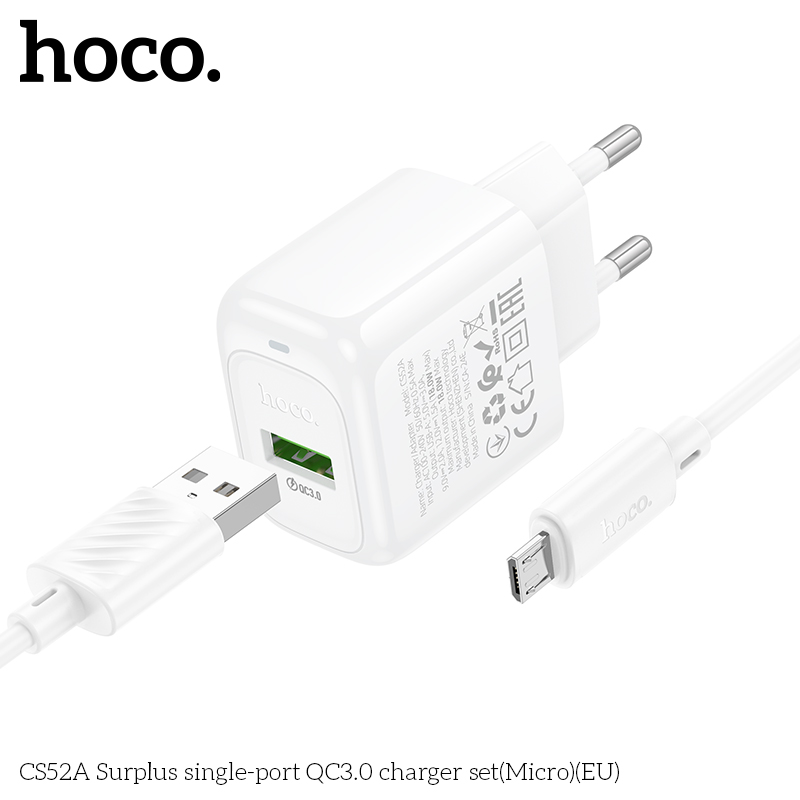 Bộ sạc nhanh 18W HOCO CS52A cáp USB ra Samsung Micro (EU) chính hãng [BH 1 Năm]