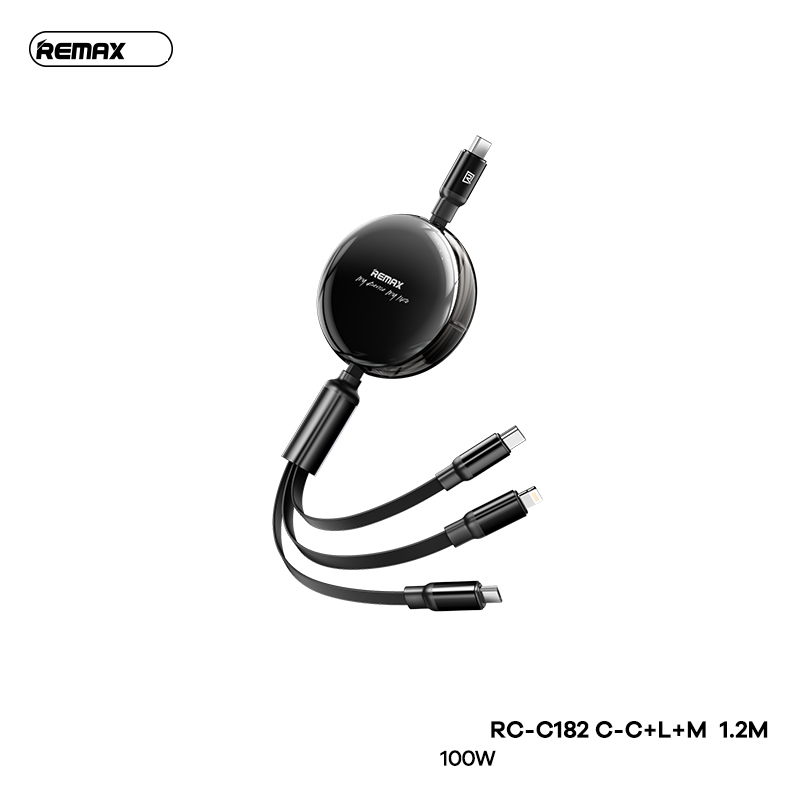 Cáp sạc nhanh dây rút 100w REMAX RC-C182 1m2 3 đầu đa năng (C-C + C-L + C-M) chính hãng [BH 1 năm]