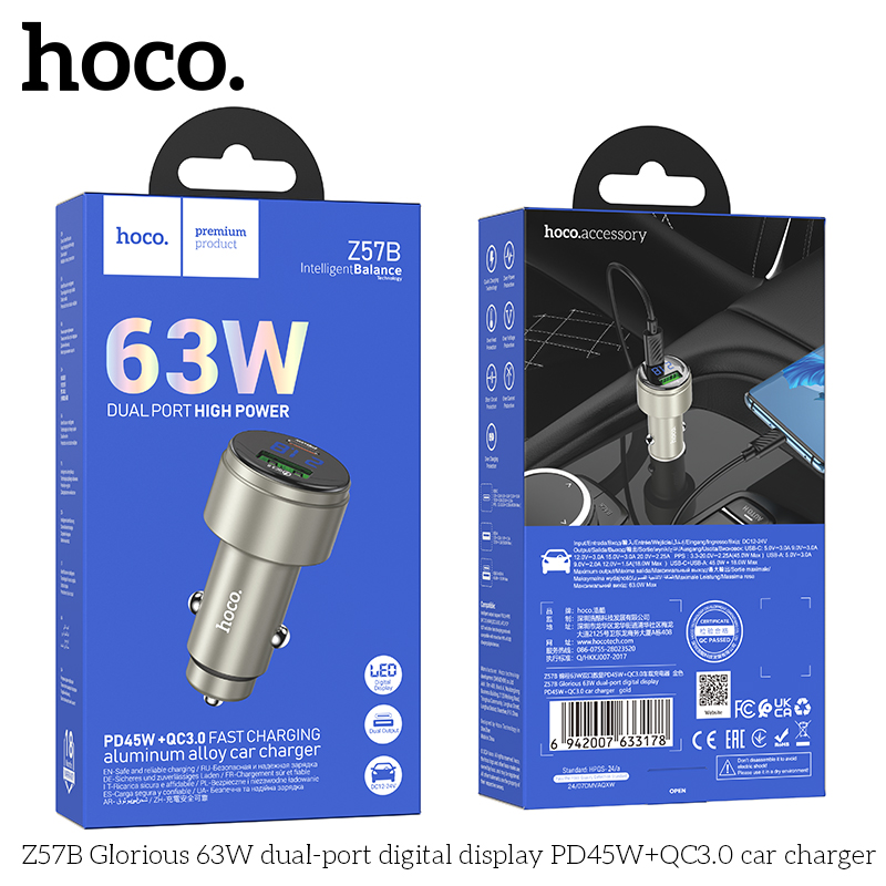 Cóc sạc nhanh xe hơi 63w HOCO Z57B (1 cổng USB, 1 cổng Type-c) màn hình LED chính hãng [BH 1 năm]