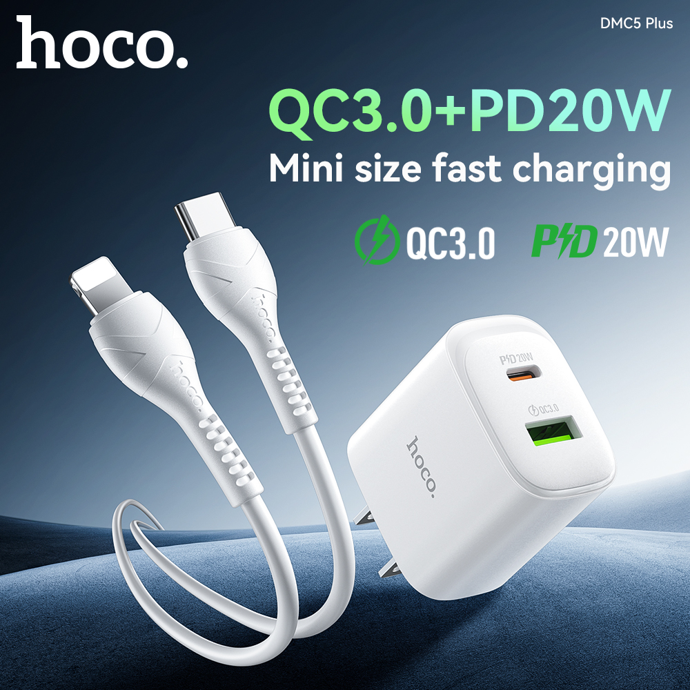 Bộ sạc nhanh 20W HOCO DMC5 Plus (Cóc 1 cổng USB QC 3.0 + 1 cổng Type C PD20W, Cáp Type C ra iPhone Lighting) chính hãng [BH 1 năm]