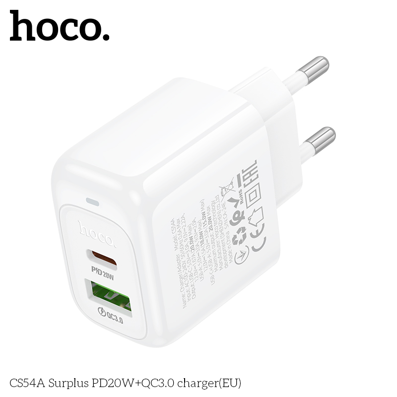 Cóc sạc nhanh 20W HOCO CS54A chân tròn (EU) (1 cổng Type C PD20W + 1 cổng USB QC3.0) chính hãng [BH 1 Năm]