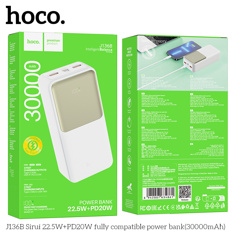 Pin sạc nhanh 22.5w HOCO J136B 30.000mAh dự phòng màn hình LED chính hãng [BH 1 Năm]