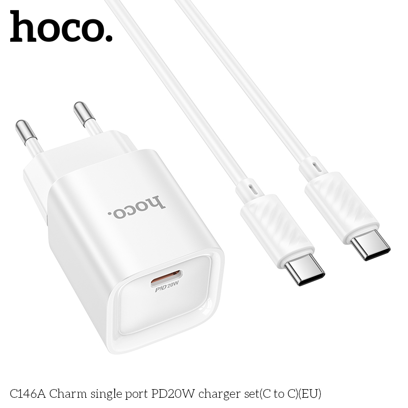 Bộ sạc nhanh 20W nhỏ gọn HOCO C146A cáp Type C ra Type C (EU) chính hãng [BH 1 NĂM]