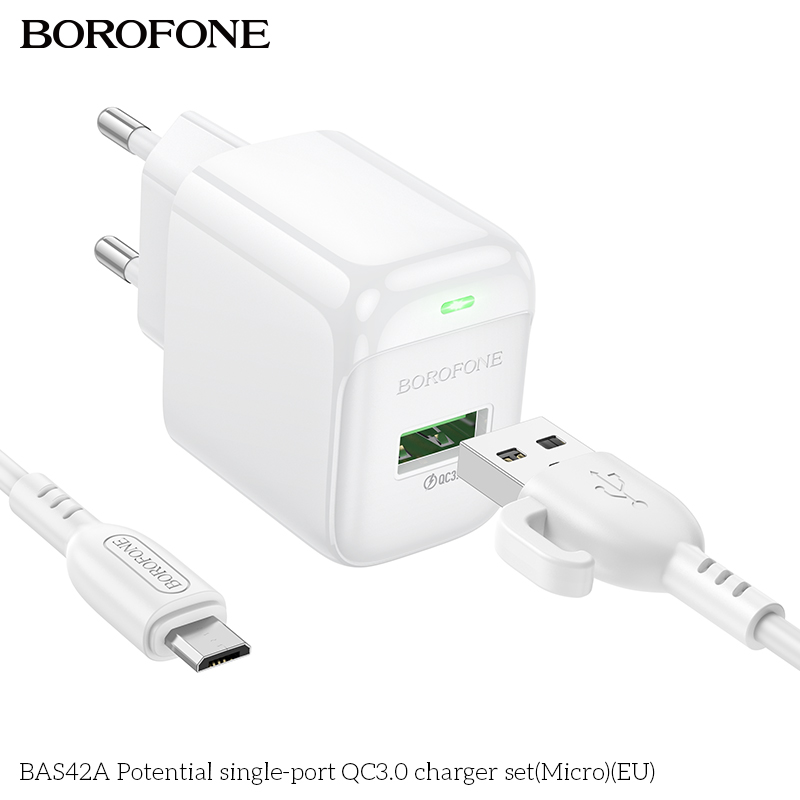 Bộ sạc 18W BOROFONE BAS42A (cóc 1 cổng USB, cáp USB ra Micro) (EU) có báo đèn LED chính hãng [BH 1 năm]