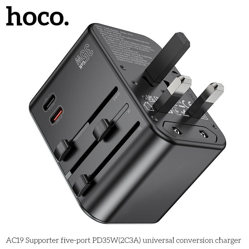 Cóc sạc chuyển đổi đa năng HOCO AC19 PD35W 3 cổng USB + 2 cổng Type C (du lịch) chính hãng [BH 1 NĂM]