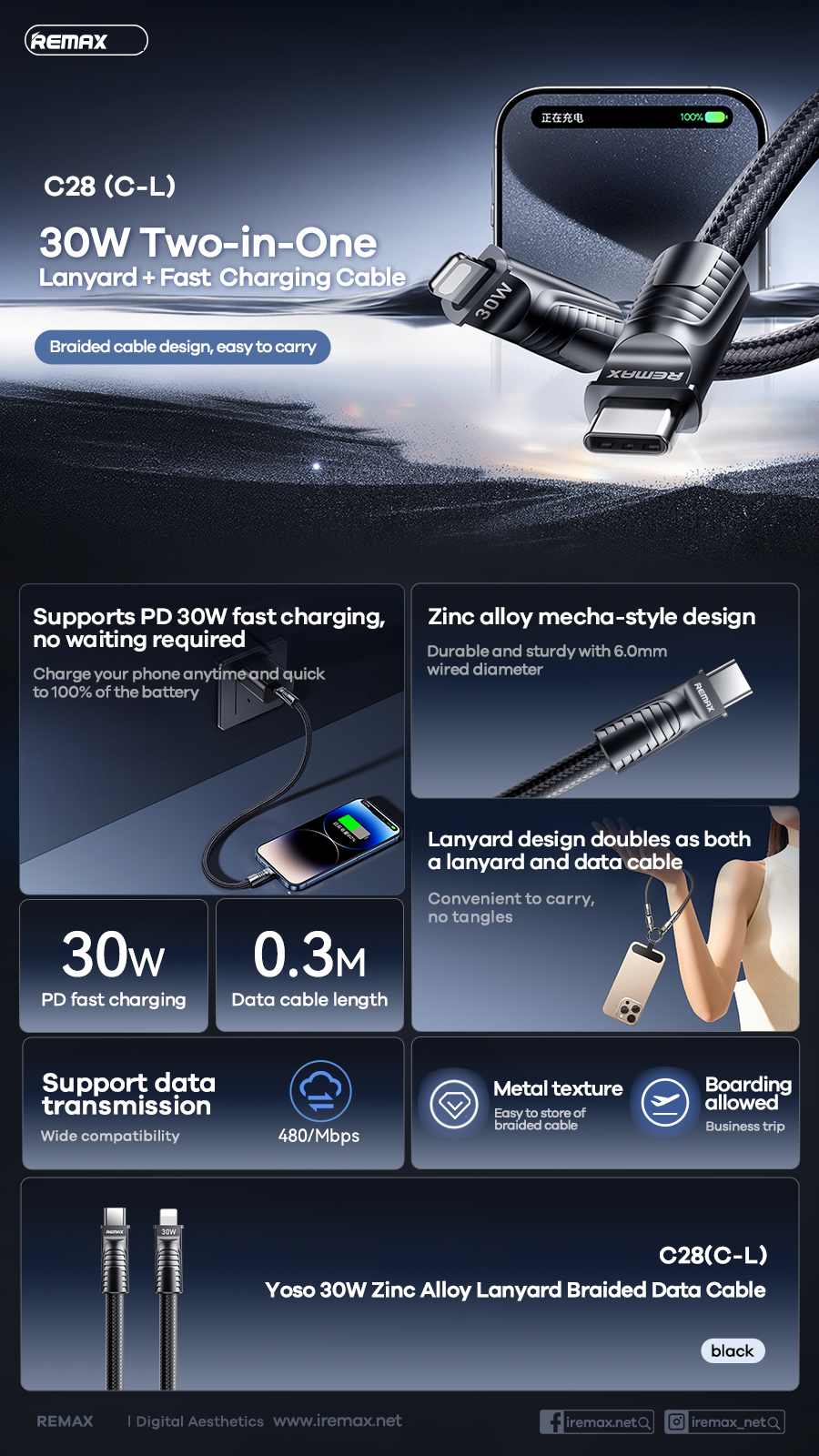 Cáp ngắn sạc nhanh 30W REMAX C28 (c-l) Type C ra iPhone Lightning dài 0.3M chính hãng [BH: 1 NĂM]