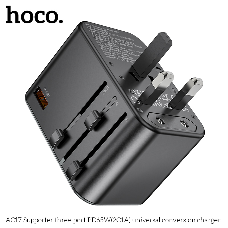 Cóc sạc chuyển đổi đa năng HOCO AC17 PD65W 1 cổng USB + 2 cổng Type C (du lịch) chính hãng [BH 1 NĂM]