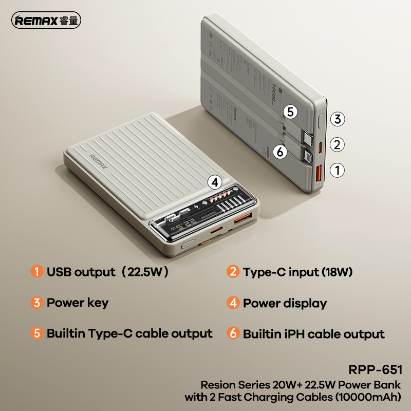 Pin sạc nhanh 22.5w Remax RPP-651 10.000mAh dự phòng kèm cáp sạc liền pin PD QC3.0 chính hãng [BH: 1 năm]