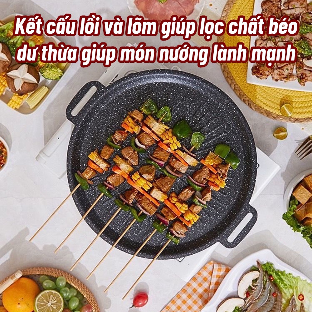 Chảo gang vân đá, chảo nướng BBQ đa năng chống dính size 34cm [BH: NONE]
