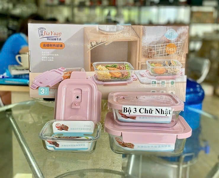 Bộ 3 thố thuỷ tinh có nắp chịu nhiệt Chữ Nhật Jia Yuan [BH: None]