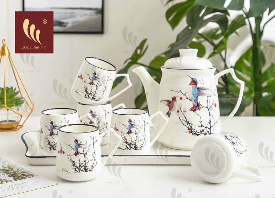 Trọn bộ 1 ấm trà+ 6 ly+ 1 khay sứ CAO CẤP TN205 Tết, decor siêu sang- họa tiết về theo lô [BH: NONE]