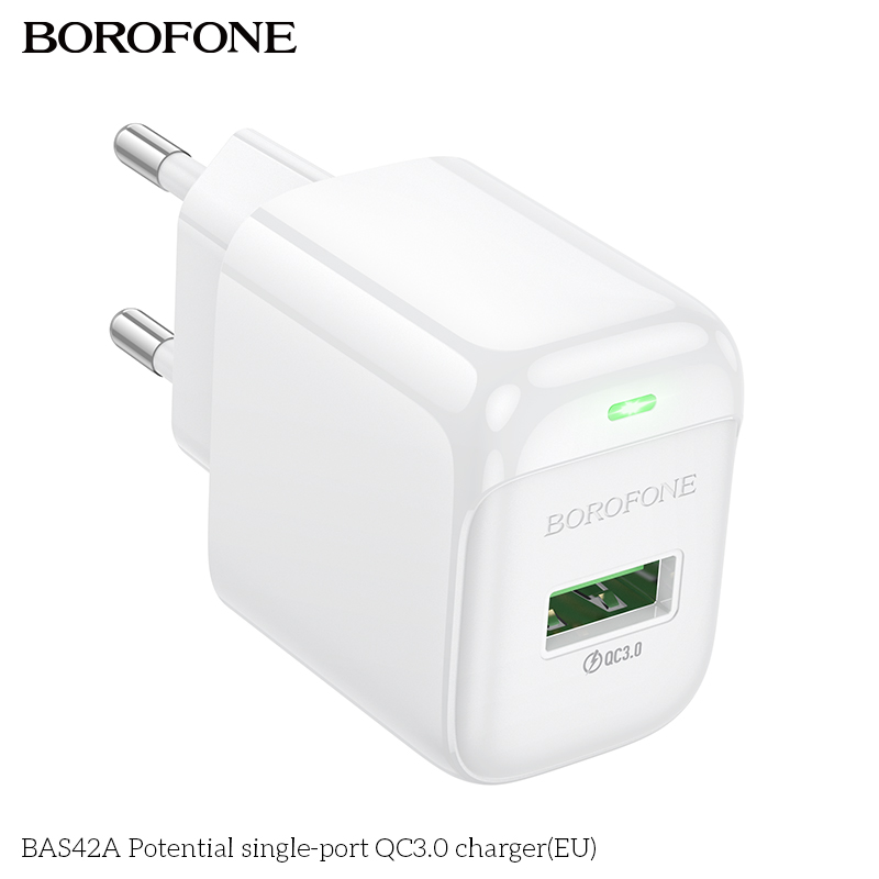 Cóc sạc nhanh 18W BOROFONE BAS42A (EU) (1 cổng USB) có báo đèn LED chính hãng [BH 1 năm]