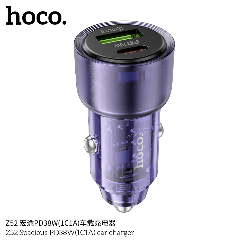 Cóc sạc nhanh cho xe hơi 38W HOCO Z52 (1 cổng Type C PD + 1 cổng USB) trong suốt chính hãng [BH 1 NĂM]