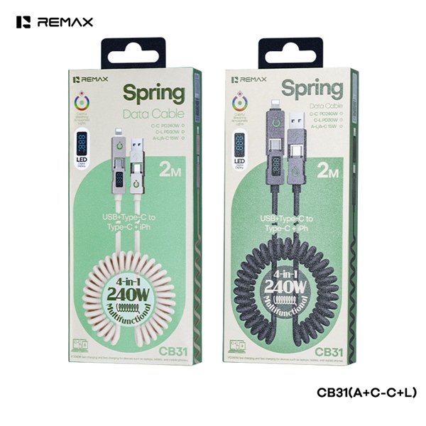 Cáp sạc nhanh 240W REMAX CB31 [A+C-C+L] Cáp 2 ra 2 đầu A+C>C+L 240W dây lò xo dài 2m chính hãng