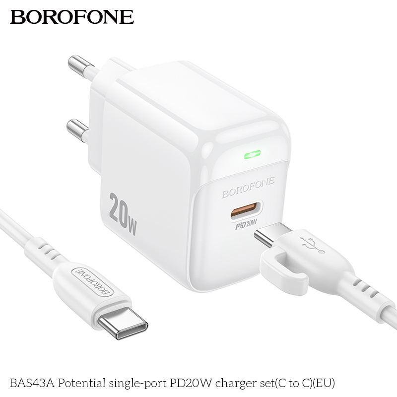 Bộ sạc nhanh 20W BOROFONE BAS43A (cóc 1 cổng Type C, cáp Type C ra Type C) (EU) có báo đèn LED chính hãng [BH 1 năm]