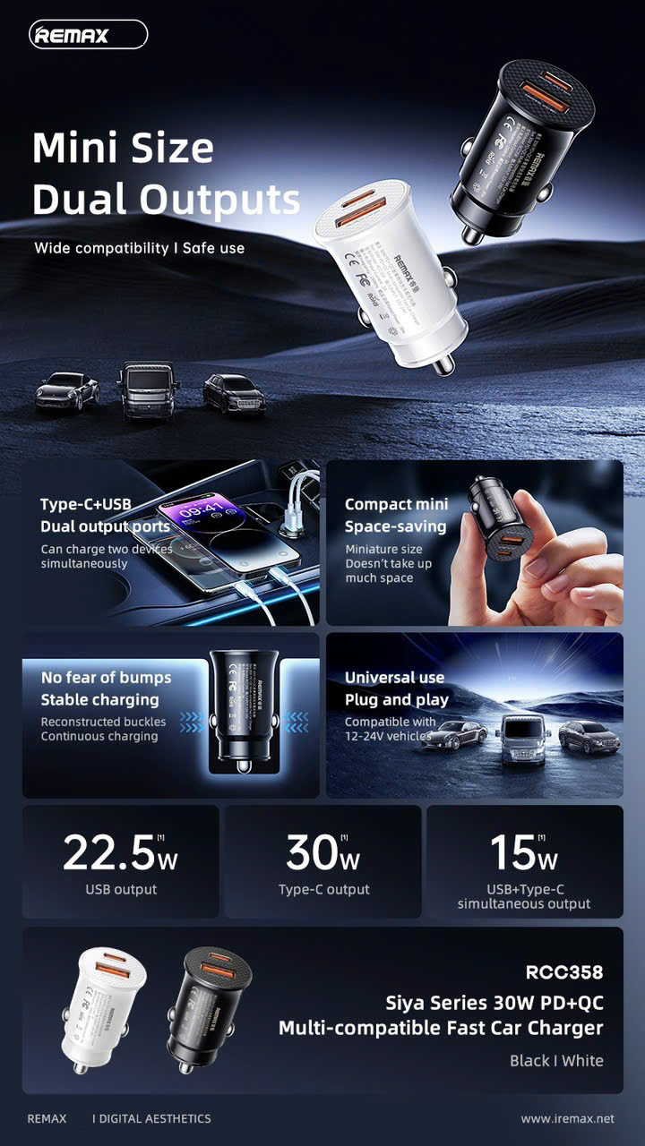 Cóc sạc nhanh xe hơi oto REMAX RCC-358 sạc nhanh 30w tẩu 2 cổng 1 usb 1 type c (1A+1C)[BH 1 Năm]