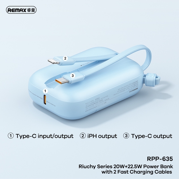 Pin sạc nhanh 22.5w Remax RPP-635 10.000mAh dự phòng kèm cáp liền pin chính hãng PD QC3.0 [BH 1 năm]