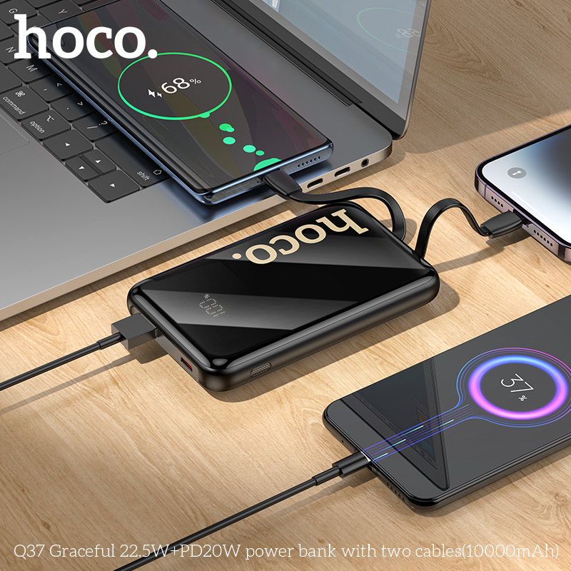 Pin sạc nhanh 22.5w+PD20W HOCO Q37 Graceful 10.000mAh sạc dự phòng kèm cáp liền pin chui Type C + chui iPhone có màn hình LED chính hãng [BH 1 năm]