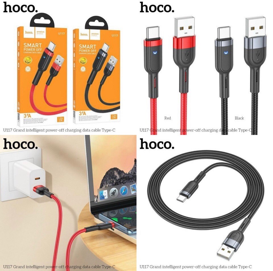 Cáp sạc nhanh 3A tự ngắt HOCO U117 (usb ra Type-C) có đèn led báo sạc chính hãng [BH 1 năm]