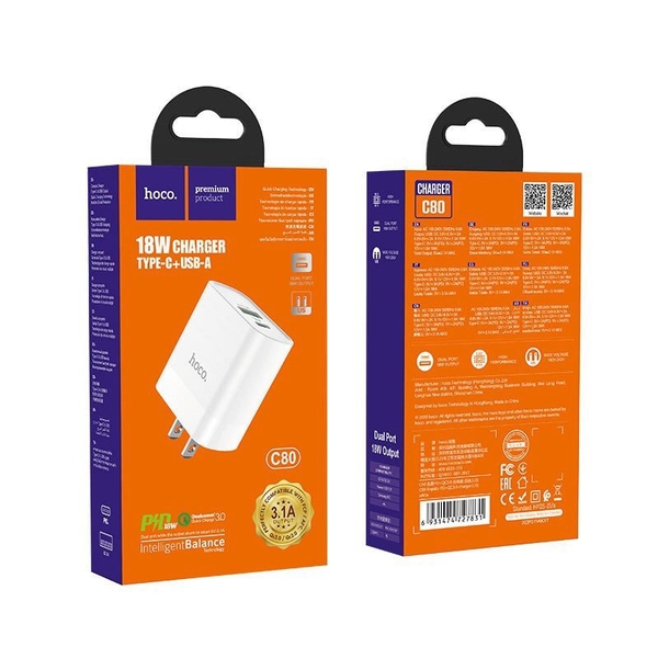 Cóc sạc nhanh 18w HOCO C80 (1 cổng usb QC3.0, 1 cổng type c PD 20w) chính hãng [BH 1 năm]