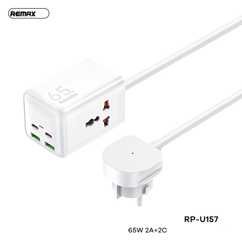 Ổ cắm điện sạc nhanh 65W REMAX RP-U157 US (2 cổng USB + 2 cổng Type C + 2 lỗ cắm 2500w) dây dài 1.5m chính hãng [BH 1 năm]
