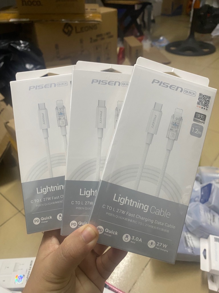 Cáp sạc nhanh 27w Pisen Type c ra Lightning (c-l) dây dù dài 1.2m màu trắng xám 1 đầu trong suốt [BH: 1 NĂM]