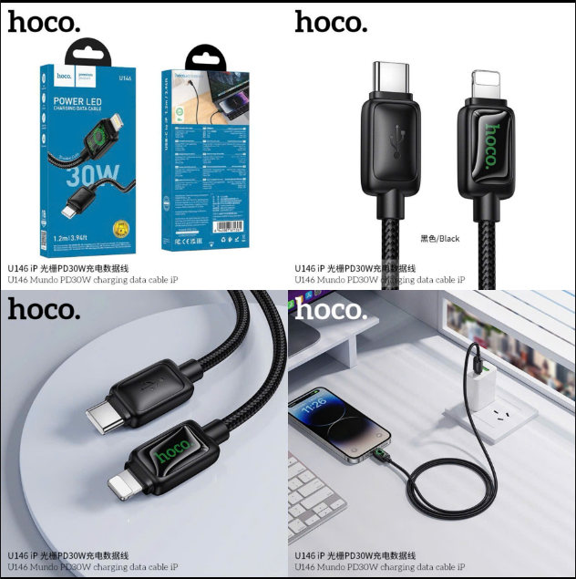 Cáp sạc nhanh 30w HOCO U146 C-L cáp dây dù Type C ra Iphone dài 1m2 chính hãng