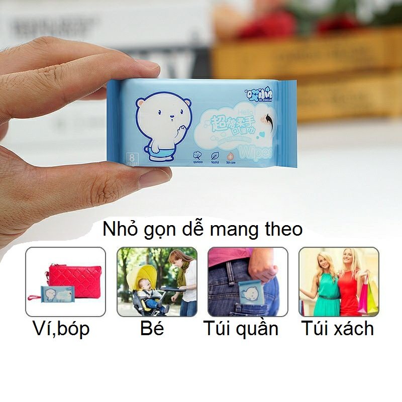 Khăn Giấy Ướt Mini Set 8 Gói (64 tờ) Dễ Thương Bỏ Túi Tiện Lợi