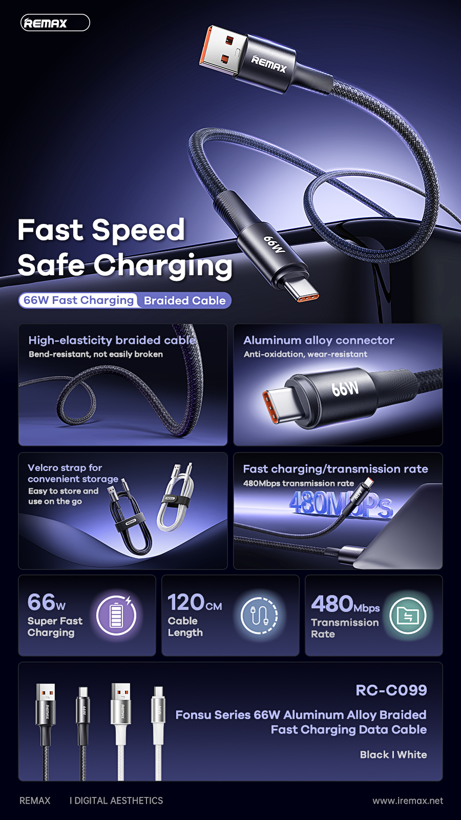 Cáp sạc nhanh 66w REMAX RC-C099 (Usb ra Type-C 1.2m) chính hãng [BH 1 năm]