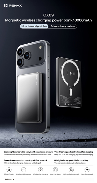 Pin sạc nhanh không dây REMAX CX09 10.000mAh dự phòng magnetic (CCC) chính hãng - BH 1 năm