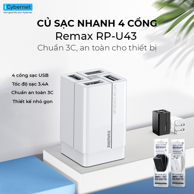 Cóc sạc nhanh 4 cổng usb Remax RP-U43 CN chính hãng 3.4A [BH 1 năm]