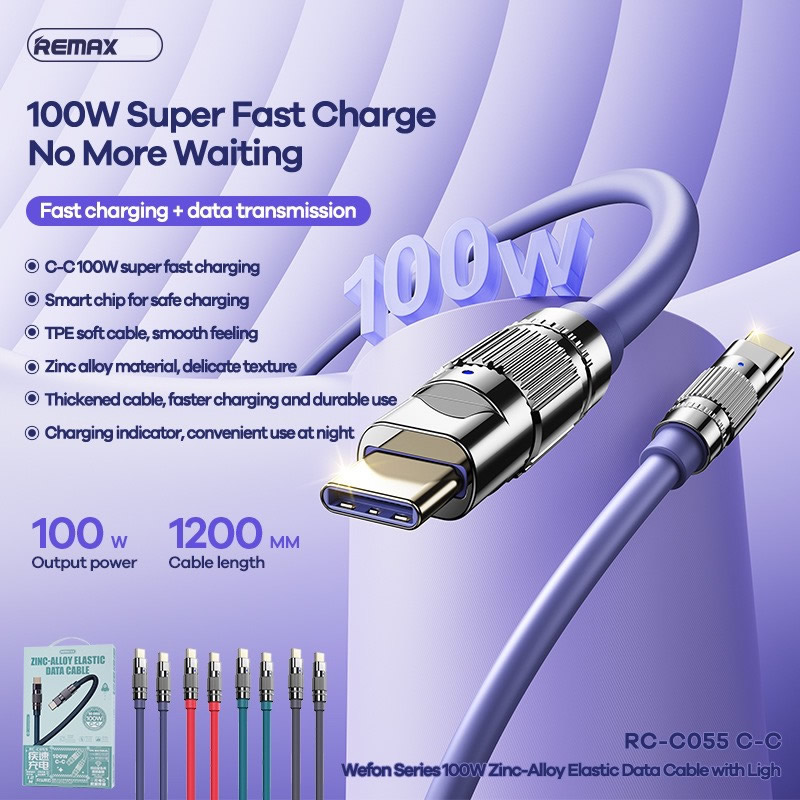 Cáp sạc nhanh 100W REMAX RC-C055 (c-c) 2 đầu Type C ra Type-C chính hãng [BH 1 năm]