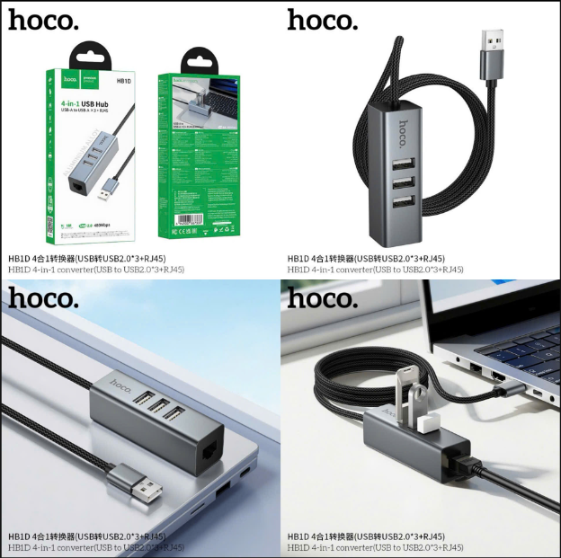 Bộ chuyển đổi HOCO HB1D hub 3 cổng usb kèm 1 cổng mạng LAN RJ45 dây dài 1m siêu tiện lợi