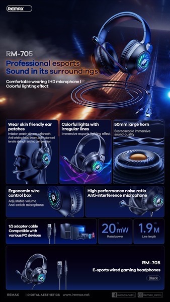 Tai nghe có dây 3.5 headphone REMAX RM-705 game thủ led chụp tai dây dài 2m chính hãng [BH 1 năm]
