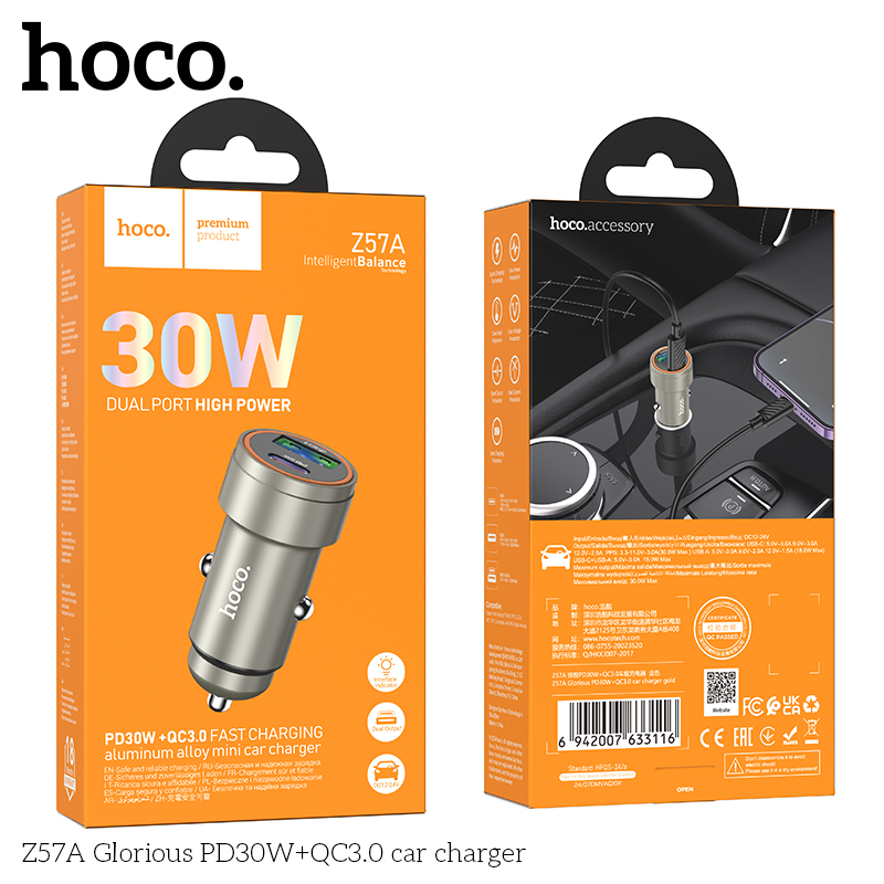 Cóc sạc nhanh xe hơi 30w HOCO Z57A (1 cổng USB, 1 cổng Type-c) chính hãng [BH 1 năm]