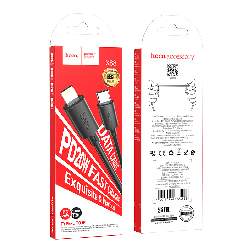 Cáp sạc nhanh 20w HOCO X88 (c-l 1m) PD (Type C ra iPhone Lightning) 1 mét chính hãng [BH 1 năm]