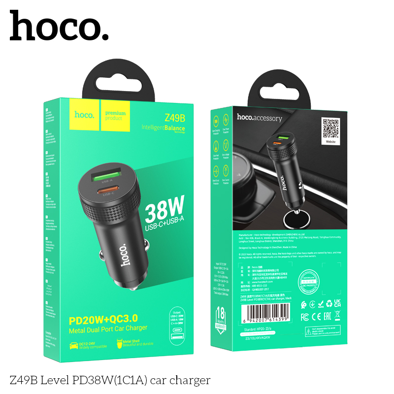 Cóc sạc nhanh 38W xe hơi HOCO Z49B (1 cổng Usb QC3.0 và 1 cổng Type C PD20W) chính hãng [BH 1 năm]