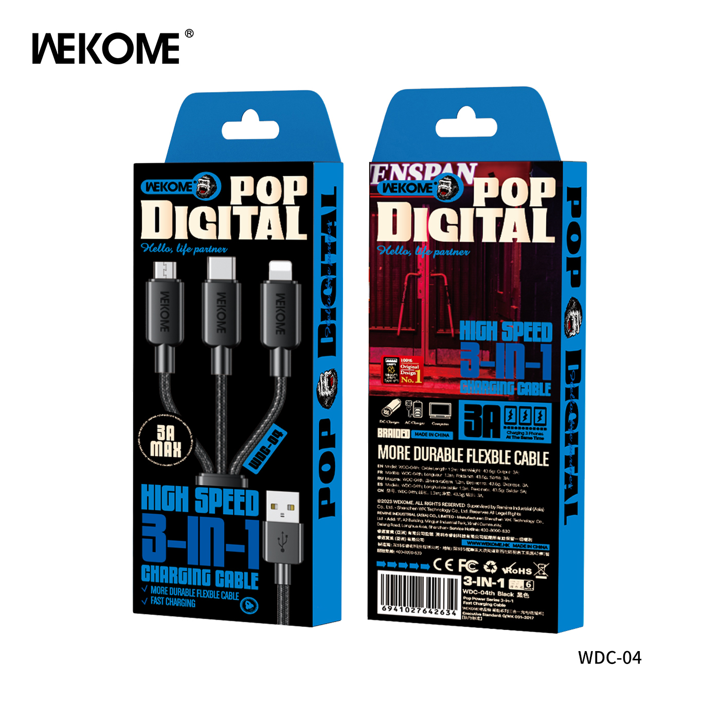 Cáp sạc Wekome WDC-04th 3 đầu đa năng (usb ra ip +micro +type c) dài 1M2 chính hãng [BH: 6 tháng]