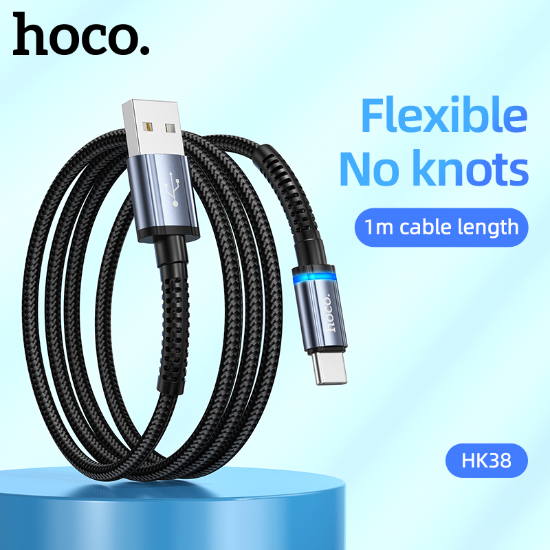 Cáp sạc nhanh 3A 1m HOCO HK38 (usb ra type-c) có đèn led báo sạc dây dù chính hãng [BH 1 năm]
