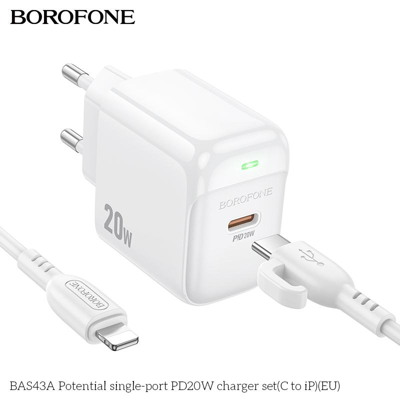 Bộ sạc nhanh 20W BOROFONE BAS43A (cóc 1 cổng Type C, cáp Type C ra iPhone) có báo đèn LED chính hãng [BH 1 năm]