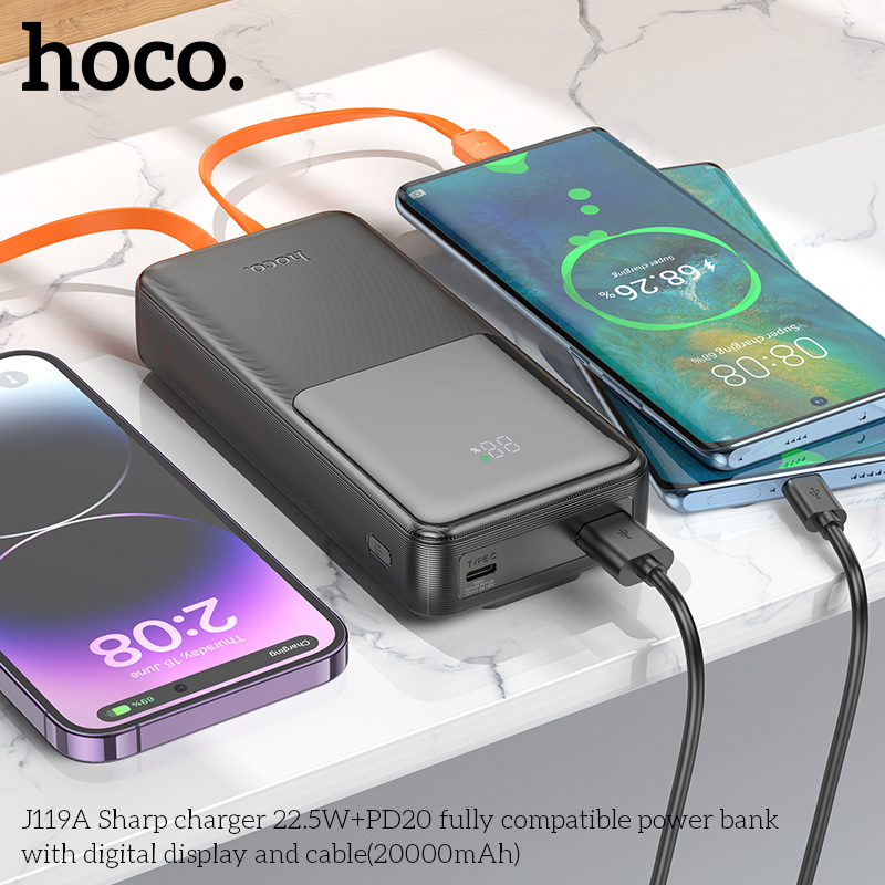 Pin sạc nhanh 22.5w HOCO J119A 20.000mAh dự phòng có màn hình kèm cáp liền pin chính hãng [BH: 1 NĂM]