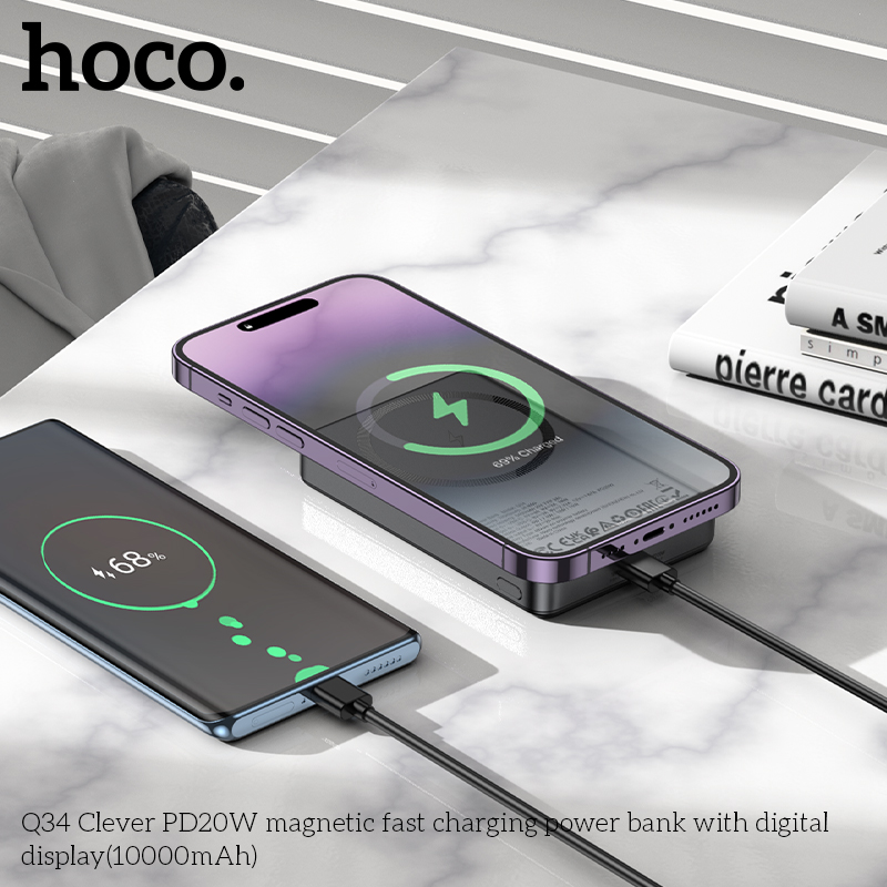 Pin sạc nhanh 20w + sạc không dây từ tính 15w HOCO Q34 10.000mAh sạc dự phòng có màn hình LED chính hãng [BH 1 năm]
