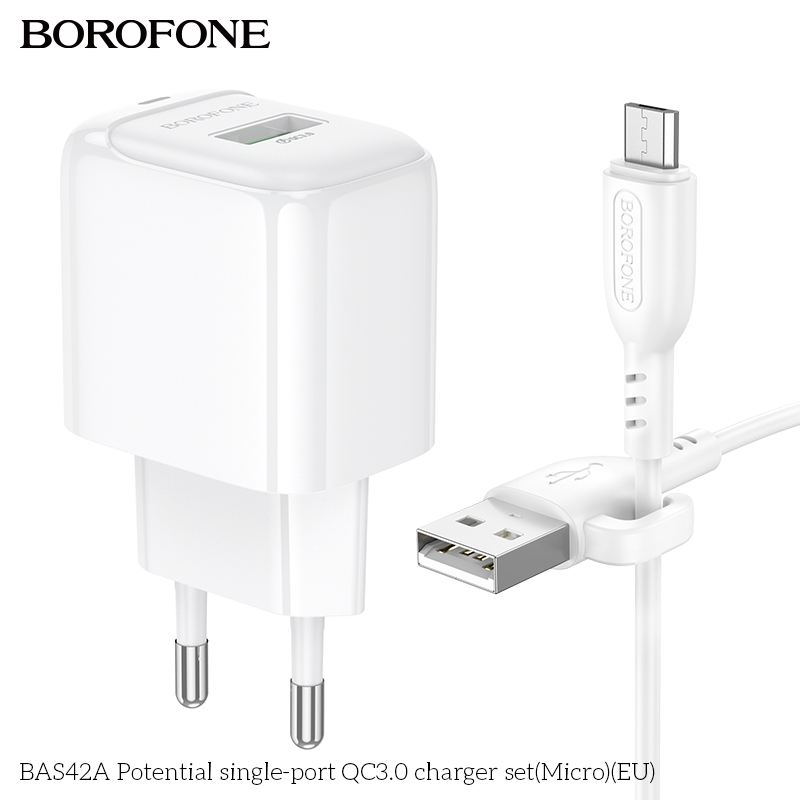 Bộ sạc 18W BOROFONE BAS42A (cóc 1 cổng USB, cáp USB ra Micro) (EU) có báo đèn LED chính hãng [BH 1 năm]