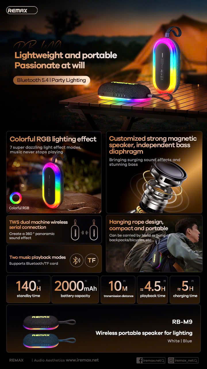 Loa bluetooth REMAX RB-M9 siêu hay 7 chế độ hiệu ứng ánh sáng RGB đầy màu sắc bluetooth V5.4 [BH 1 năm]