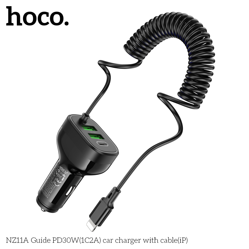 Bộ sạc cho xe hơi 30W HOCO NZ11A cáp iPhone (1 cổng Type C PD + 2 cổng USB) chính hãng [BH 1 NĂM]