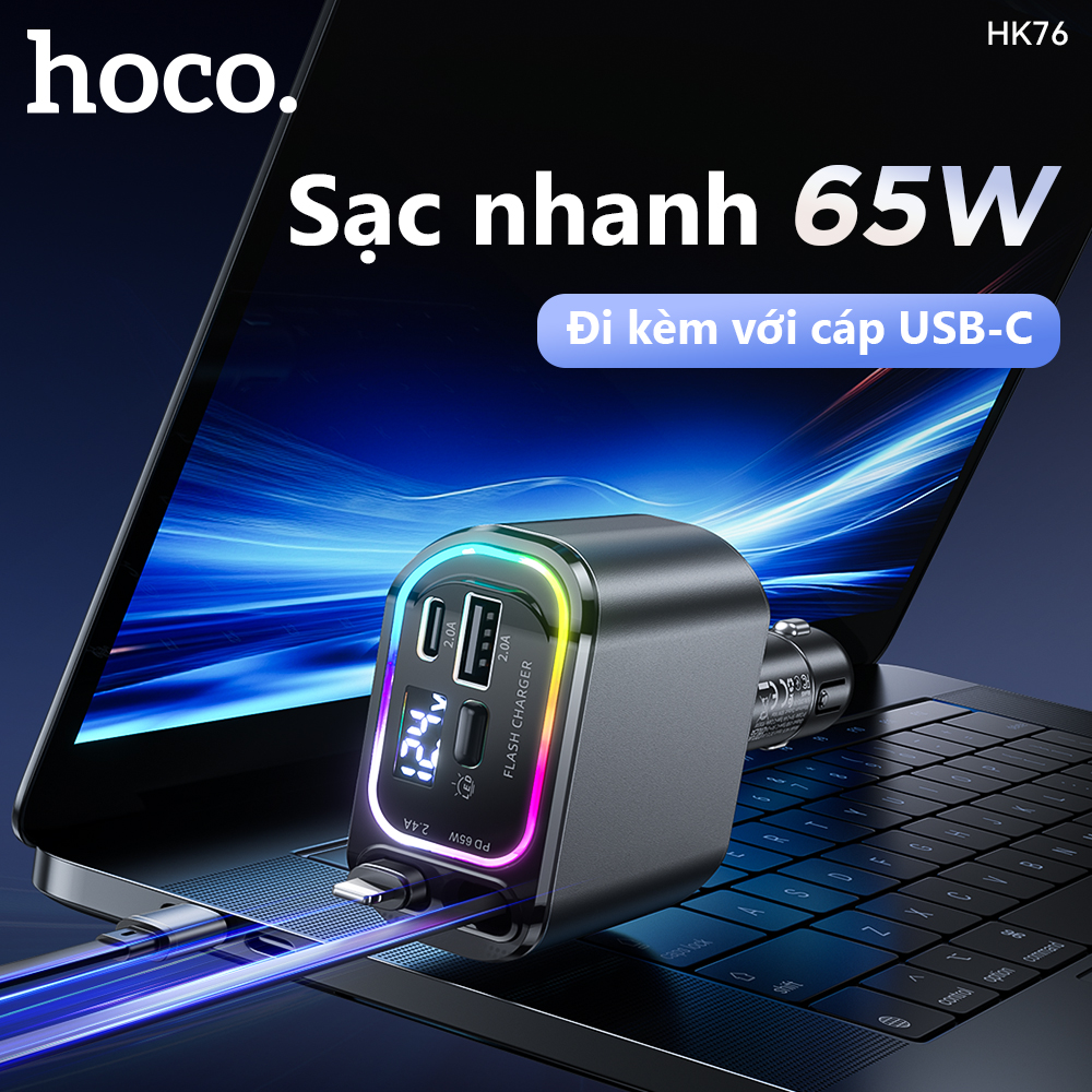 Cóc sạc nhanh xe hơi ô tô 80w HOCO HK76 Tomahawk 1 cổng Type C + 1 cổng USB kèm cáp liền chui Type C + chui iPhone chính hãng [BH 1 năm]