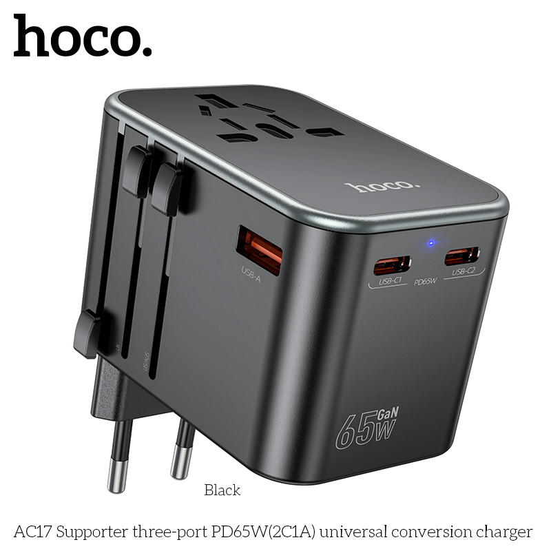 Cóc sạc chuyển đổi đa năng HOCO AC17 PD65W 1 cổng USB + 2 cổng Type C (du lịch) chính hãng [BH 1 NĂM]