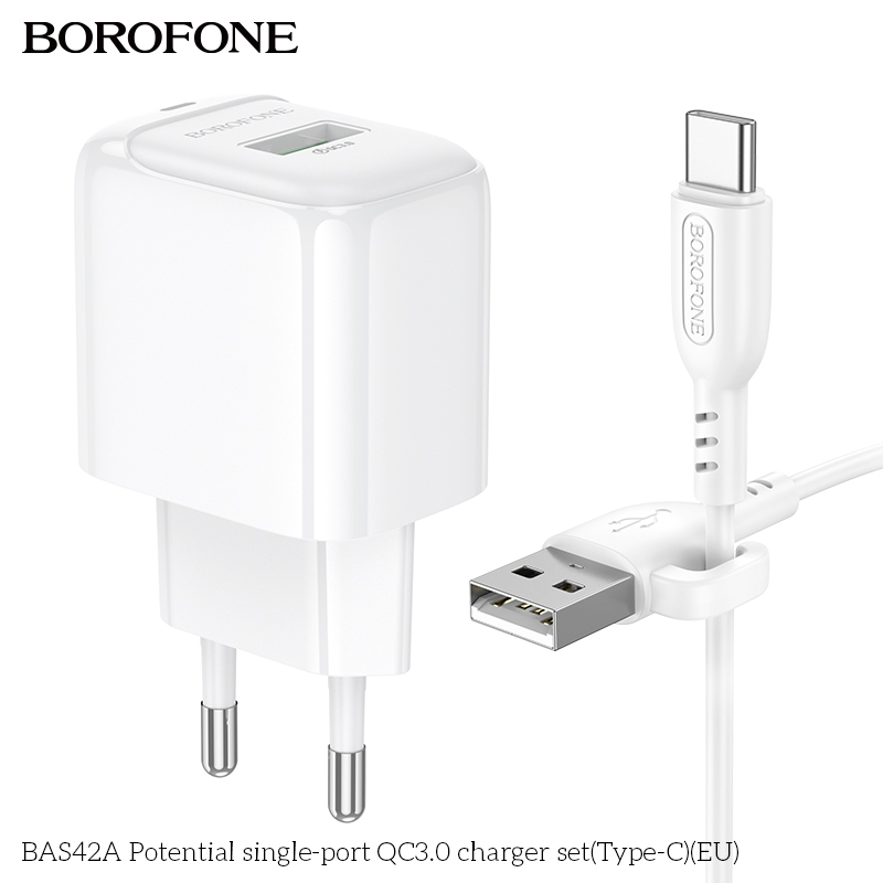 Bộ sạc 18W BOROFONE BAS42A (cóc 1 cổng USB, cáp USB ra Type C) (EU) có báo đèn LED chính hãng [BH 1 năm]