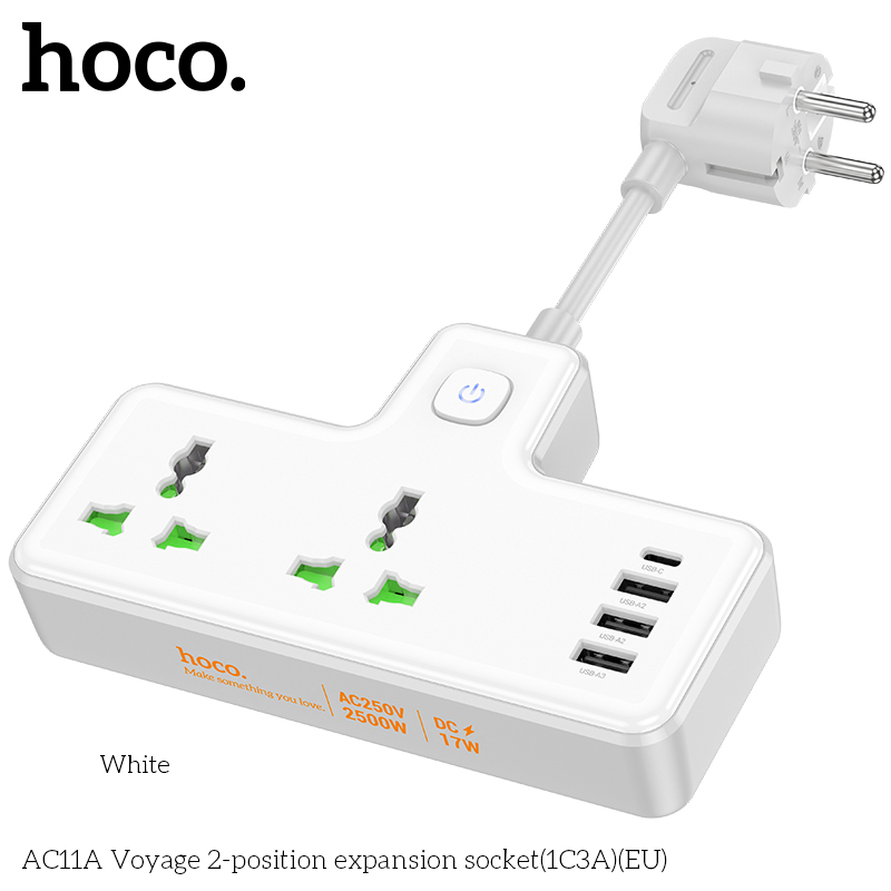 Ổ cắm điện đa năng HOCO AC11A PD17W 3 cổng USB + 1 cổng Type C cáp dài 8,5cm chính hãng [BH 1 NĂM]