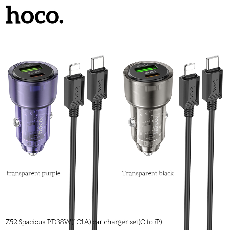 Bộ sạc nhanh cho xe hơi 38W HOCO Z52 cáp Type C to iPhone (1 cổng Type C PD + 1 cổng USB) chính hãng [BH 1 NĂM]